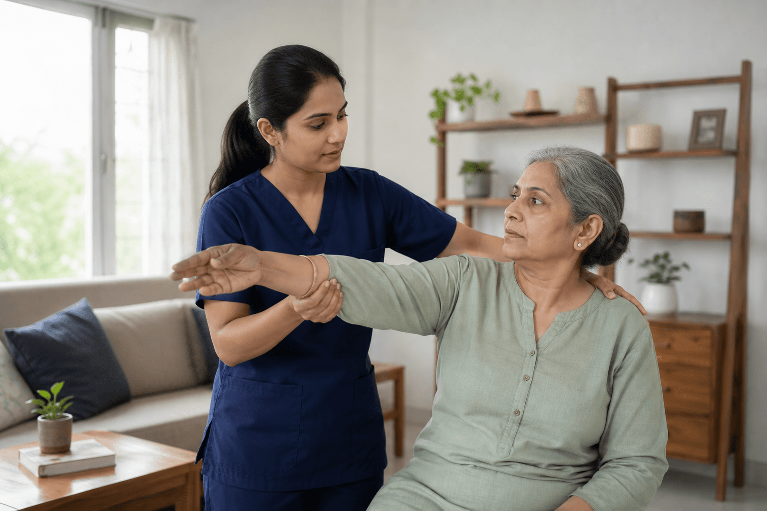 A physiotherapist assessing shoulder movement during a home visit