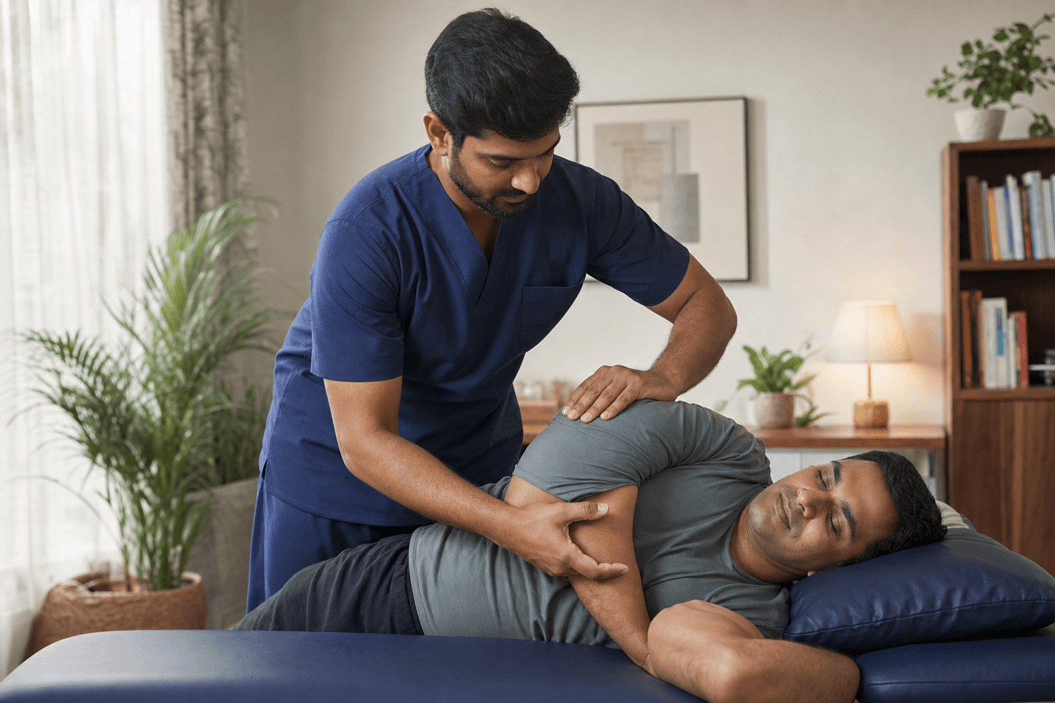 A physiotherapist providing hands-on manual therapy at home